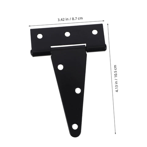Front view: black heavy-duty extended T-shaped hinge for wood gates/fences; 4.13 in tall, 3.42 in wide, mounting holes.