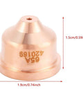 Close-up of 5Pcs 420169 Plasma Cutting Nozzles And Torch Tips Set, copper construction with 1.5cm x 1.9cm dimensions for precise cuts.
