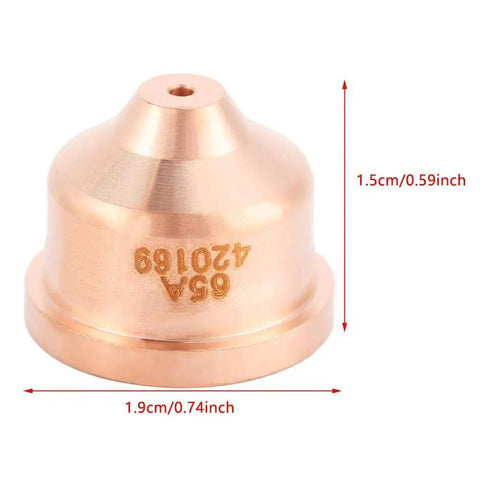 Close-up of 5Pcs 420169 Plasma Cutting Nozzles And Torch Tips Set, copper construction with 1.5cm x 1.9cm dimensions for precise cuts.