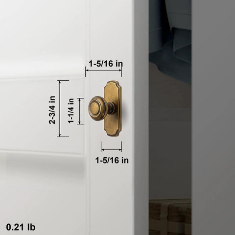 Top Shelf Antique Brass Cabinet Knobs With Killer Scalloped Backplates And Hella Durable Build For Fresh Kitchen And Bathroom Renovations Two Point Seven Five Inch Width Six Pack mounted on cabinet with dimensions shown.
