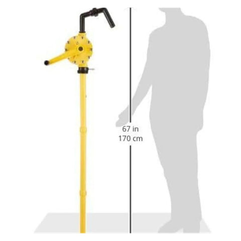 Tall yellow hand crank manual oil pump self priming drum extractor for diesel gasoline, 67 inches, corrosion resistant, one hand operation.