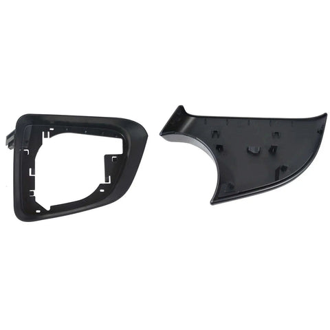 Super Clean Slick Swap Replacement Rearview Mirror Cover And Lower Trim Ring Frame Set For Tesla Model Y Driver Side Door Wing Mirror Housing Direct Bolt On 2020 To 2023. Two black mirror cover pieces.
