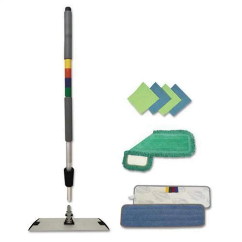 Microfiber Cleaning Kit With An 18-Inch Wide Blue Green Head And 35-To-60-Inch Telescoping Gray Aluminum Handle For Serious Heavy-Duty Cleaning, Split Microfiber Debris Removal, HACCP Color-Coded, Durable Cloths And Pads Included
