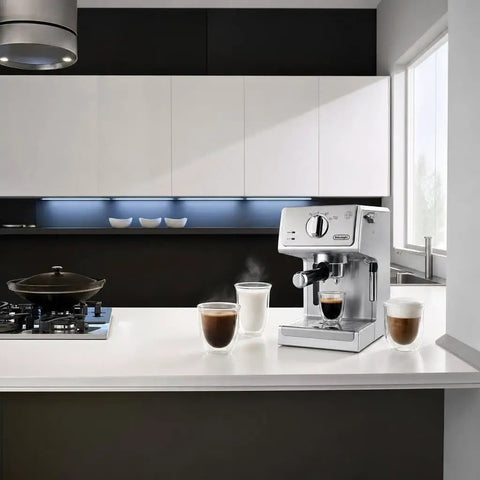 Silver 15 Bar Espresso Coffee Machine With Adjustable Brewing Controls For Homemade Cappuccinos And Lattes on a kitchen counter with cups.