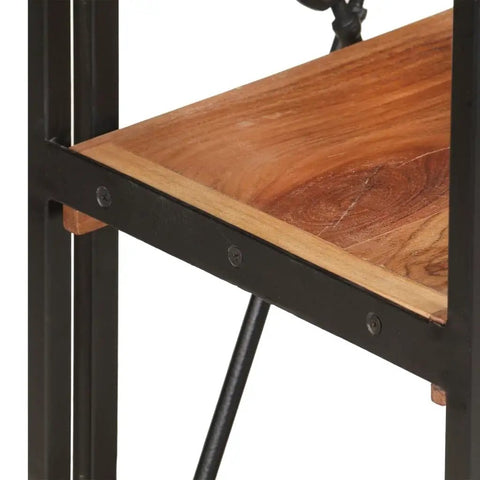 Close-up of acacia wood shelf with metal frame from Three-Tier Acacia Wood Bookcase With Powder-Coated Steel Frame, Industrial Style Shelving Unit.