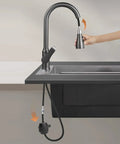 Heavy Duty Gravity Weight Ball For Pull Down Faucet Hose installation under a modern kitchen sink with spray head.