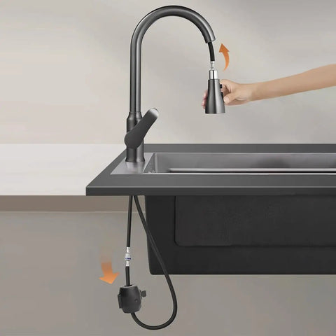 Heavy Duty Gravity Weight Ball For Pull Down Faucet Hose installation under a modern kitchen sink with spray head.