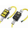 Heavy Duty Portable GFCI Outlet With Six Foot Power Cord Badass Build For Rough Job Sites Hella Reliable 30 Amp 3 Phase 250 Volt Manual Reset Industrial Grade Black And Yellow visible with yellow cord.