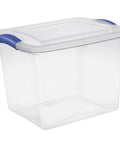 Twenty Seven Quart Clear Plastic Storage Container With Durable Blue Latches And Secure Recessed Lid Stackable Tote Bin For Hassle Free Home Organization Real Deal side view showing translucent walls and blue latches.