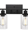 Industrial Two Light Black Wall Sconce with Clear Glass Shade and Metal Base for Bathroom Vanity and Hallway Lighting
