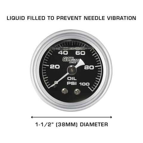 Front view of GlowShift 100 PSI oil pressure gauge with black dial, metal bezel, 1-1/2 inch diameter