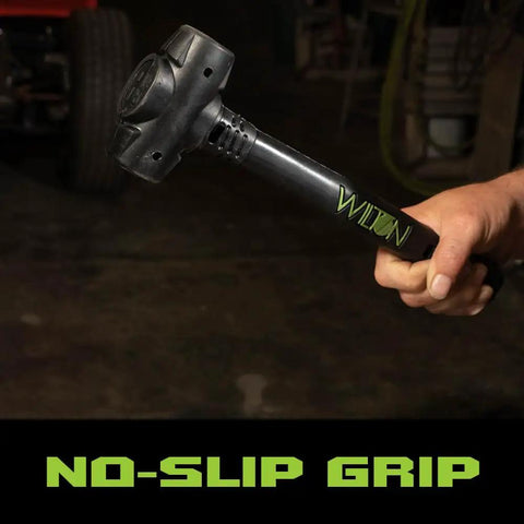 Close-up of hand holding the 14 Inch Dead Blow Hammer With Beefy 3 Pound Head Spark Resistant No Slip Ergonomic Handle