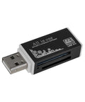 Black and white USB 2.0 all-in-one memory card reader with engravings and dual card slots, angled side view.