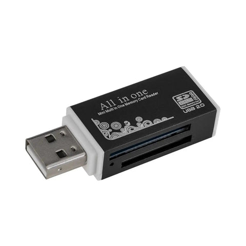 Black and white USB 2.0 all-in-one memory card reader with engravings and dual card slots, angled side view.