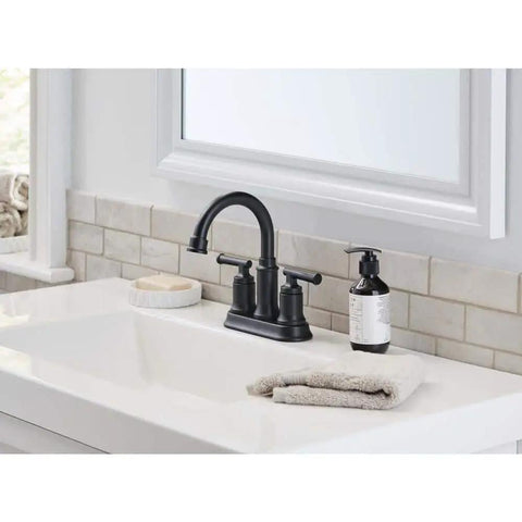 Oswell 4-In Centerset 2-Handle High Arc Bathroom Faucet Matte Black With No-Fuss Install on bathroom sink, 4.92-In spout reach