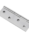 Close-up of a 3.5 inch stainless steel folding butt hinge, silver, heavy duty for cabinet door hardware projects.