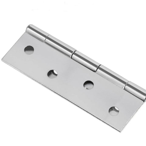 Close-up of a 3.5 inch stainless steel folding butt hinge, silver, heavy duty for cabinet door hardware projects.