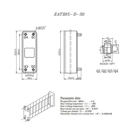 Technical diagram of Brazed Plate Heat Exchanger 3x8 Inch 30 Plate Water To Water System Copper And 316L Stainless Steel