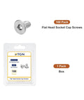 Packaging of M3 Socket Cap Screws 0.5 x 6mm Flat Head, 100 Pack, 304 Stainless Steel, shown with individual screw, hex drive visible.