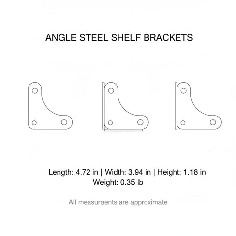 Diagram of Heavy Duty 4.7 x 3.9 Inch Angle Steel Shelf Brackets Set dimensions for garages, basements, workshops, 16-pack with hardware.