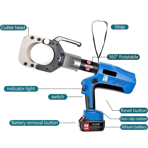 Pro Grade Electric Ratchet Cable Cutter With Built In Battery And Crisp Led Display Cuts Through Seventy Millimeter Aluminum And Armored Copper Wire Without Breaking A Sweat, showcasing 360° rotatable cutter head and ergonomic design.