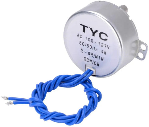 Synchronous turntable motor from 6 Piece Cup Turner Motor Kit for Craft Tumbler Cups with blue wiring, 5-6 RPM, AC 100-127V.