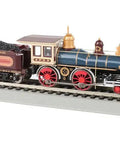 4-4-0 American DCC Sound Equipped Steam Loco With Coal Load, HO Scale, on track, side view with 16-Bit Polyphonic Chuff.