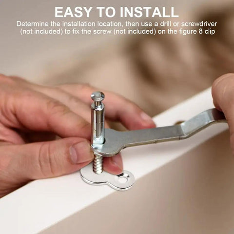 Heavy Duty Figure Eight Table Connectors installation process using a screwdriver on iron clip, showing assembly method.