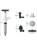 Heavy Duty Toilet Plunger With Air Pressure Boost Workhorse Clog Remover displayed with 5 attachments and dimensions