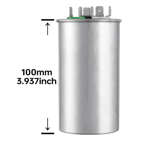 Side view of Beefy 50/3 UF Dual Run Start Capacitor For Condenser ACs 370 440 VAC CBB65B showing 100mm height measurement.