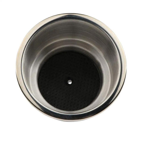 Top view of Two Pack Boat Cup Holder Inserts Built From Marine Grade Stainless Steel With Drain Fits Standard Three Five Eighth Inch Hole Saw