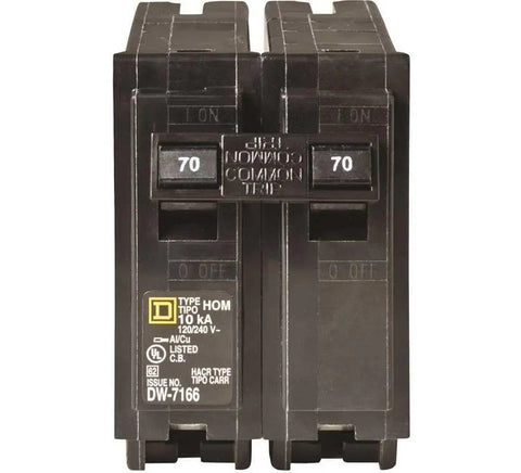 Front view of 70 Amp Plug On Circuit Breaker Bulk Pack for Home Electrical Panels, one-pole and two-pole standard breakers.