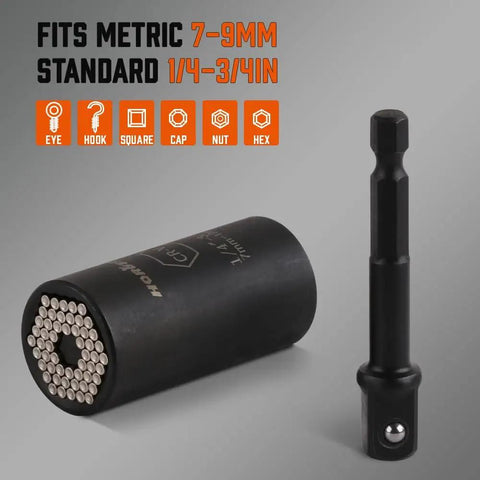 Magnetic Wristband Universal Socket Grip For 7 To 19 Millimeter, showing socket with hex design and drill adapter for DIY tasks.