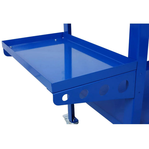 Rock Solid Carbon Steel Welding Table With Smart Tool Tray And Easy Rolling Locking Casters 36 By 18 Inches close-up of blue tool tray