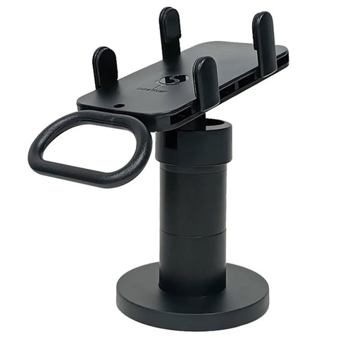 Adjustable Credit Card Reader Bracket With 180 Degree Rotation And 90 Degree Tilt, black ABS material on stand.