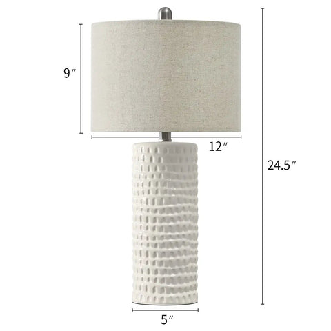 Modern 24.5 Inch Ceramic Table Lamp Set Of 2 With White Shades Farmhouse End Table Lamps For Living Room Bedroom Dorm Office Or Study Vibe Cozy Nightstand Lights. One lamp shown with dimensions.