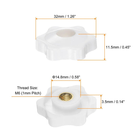 Star Knobs M6 Female Thread 32mm White Heads Through Hole Brass Insert Screw In Clamping Hand Knobs 4 Pack For Machines And Gear Durable Plastic Handles With Easy Grip showing dimensions and thread size details