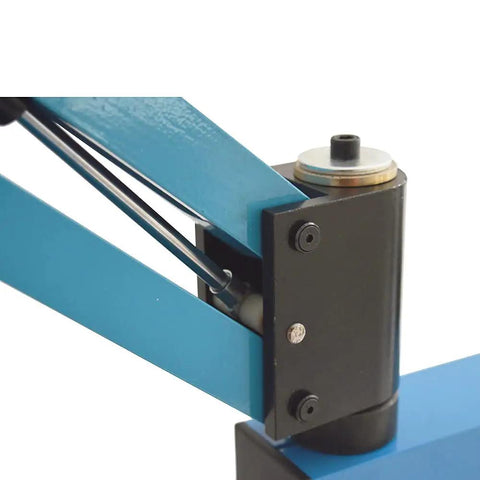 Close-up of the arm mechanism on the Beefed Up M3 To M12 Pneumatic Vertical Tapping Machine, aluminum build, heavy-duty design.