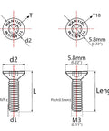 WANYIFA torx T10 M3 countersunk screw diagram; black titanium bolt with top and side views showing dimensions