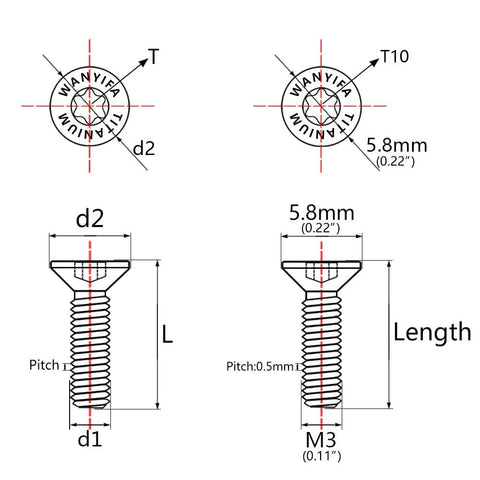 WANYIFA torx T10 M3 countersunk screw diagram; black titanium bolt with top and side views showing dimensions