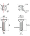 Technical drawing of 10 Pcs Titanium Countersunk Torx T10 M3 Bolts Set With Flat Head Gold Finish Lengths 6Mm 8Mm 10Mm 12Mm 15Mm 18Mm 20Mm Grade 5 6AL-4V Titanium Alloy Corrosion Resistant High Strength Screws detailing dimensions and threading.