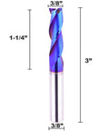 Three Eighths Inch Shank Spiral CNC Router Bit Solid Carbide End Mill Three Flute Up Cut Blue Coated For Grooving Slots