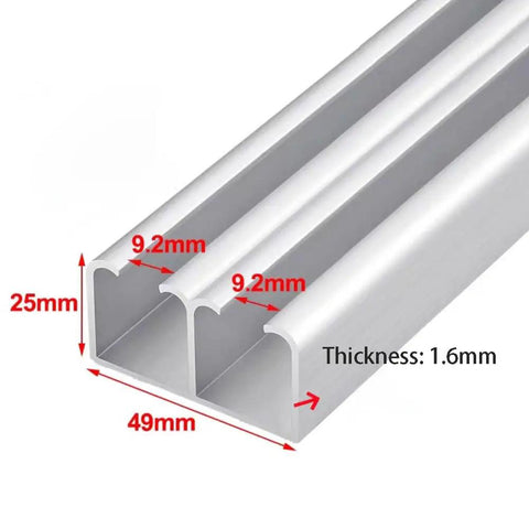 Heavy Duty Sliding Door Track Kit With Aluminum Alloy Double Track Rails And Roller Set dimensions and thickness shown