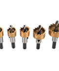 Get Your Drill Game On With This Mtlavishness 5 Piece High Speed Steel Hole Saw Set Perfect For Cutting Sheet Metal And Stainless Steel Like Total Pro In The Workshop Or Crafting Any Thick Job You Got. 5-piece HSS hole saw set on white background