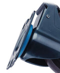 Close-up of Hardcore Heavy Duty Caster Wheels Set Of 4 with royal blue rubber treads and coated steel plate for stability.