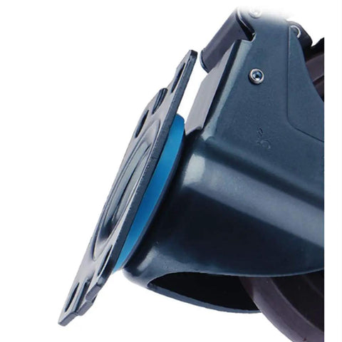 Close-up of Hardcore Heavy Duty Caster Wheels Set Of 4 with royal blue rubber treads and coated steel plate for stability.
