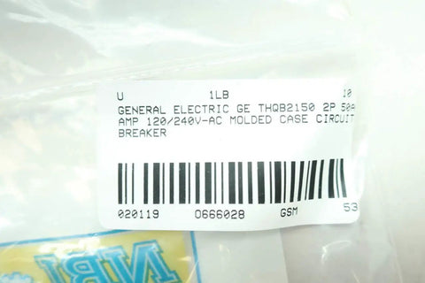 Label on packaging for THQB2150 2 Pole 50 Amp Molded Case Circuit Breaker for 120/240V AC Heavy Duty Electrical Breaker UL Listed