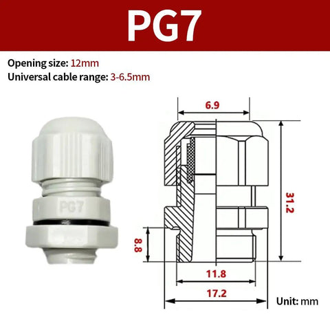 White Cable Gland With Gasket And Washer 3-7mm Threading 20 Pack PA Material Nylon Plastic Cord Grip Kit diagram view