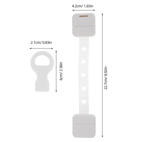 Adhesive Baby Locks With Key For Cabinets And Drawers, showing measurements of child safety proofing straps and key