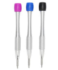 Three piece Pro Grade Watch Movement Screwdriver Set for 3235 Caliber with stainless steel tips and color coded heads.